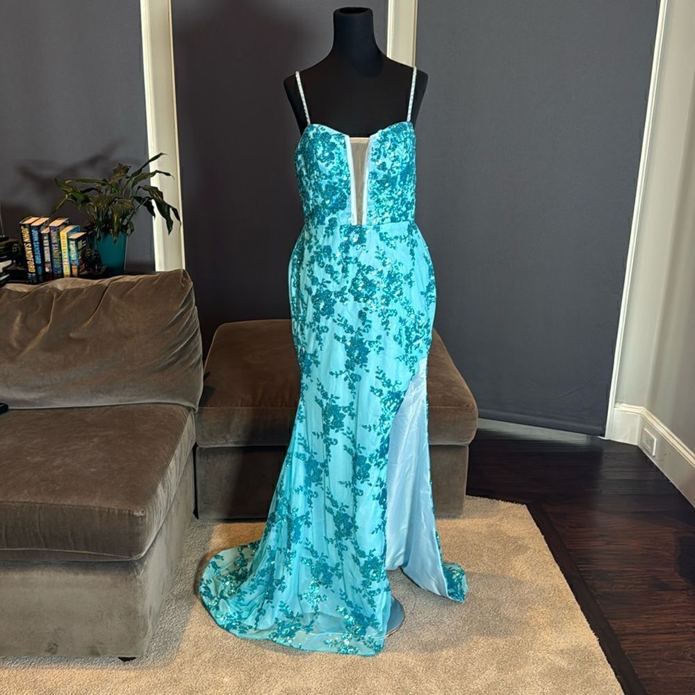 Women’s Blue Mermaid Fit Prom Party Dress Sparkly Sequins Leg Slit Size 12